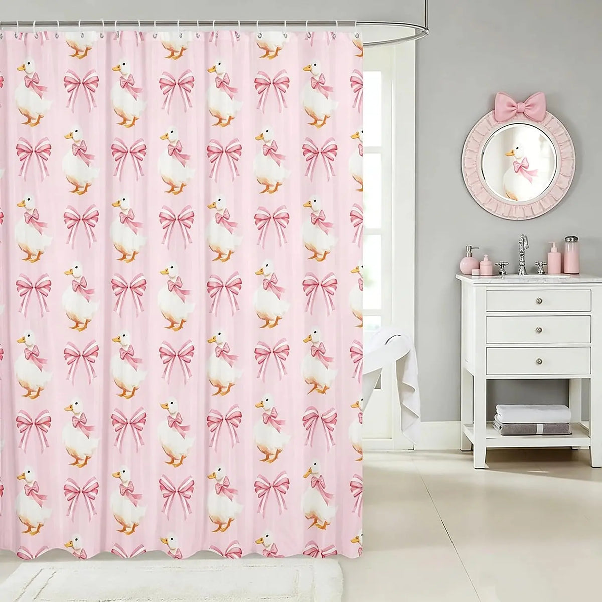 Feelyou Fun Bow Tie Bow Pink Cute Goose Shower Curtain, 1-Piece Waterproof Polyester Bathroom Accessory, for Gym, School Bathtub Stall, 72"x72" Home Bathroom Decor