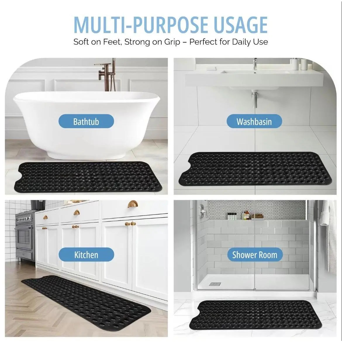Bathroom Essentials Mat 40x16 Inch,Non Slip Mat With Strong Suction Cups,Large Machine Washable Shower Rug,Drain Holes Keep Tub Clean,Waterproof Mold Resistant Rubber PVC Mat,Blue Black Transparent Light Gray,Bathroom Supplies,Holiday Gift For Family, Bat