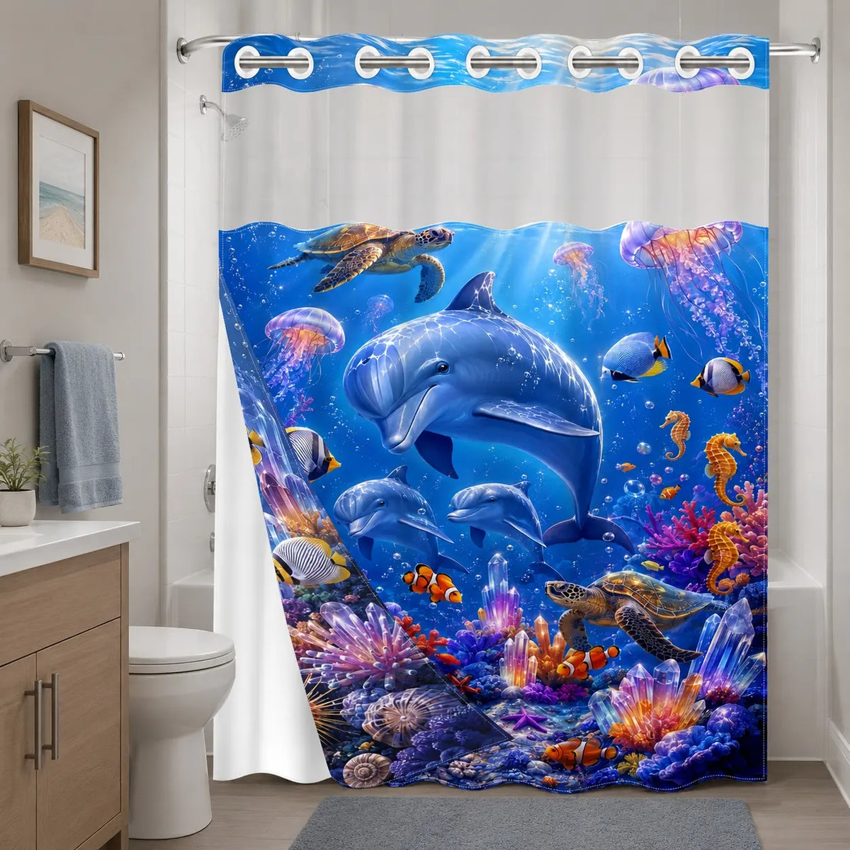 1 Pc Hookless Double Layer Shower Curtain, No Hook Shower Curtain, Underwater World Dolphin Print, Machine Washable Waterproof Mildew Resistant Fabric, Ocean Vibe Home Bathroom Decor, Removable Snap-in Liner, Bathroom Divider - 71"×74