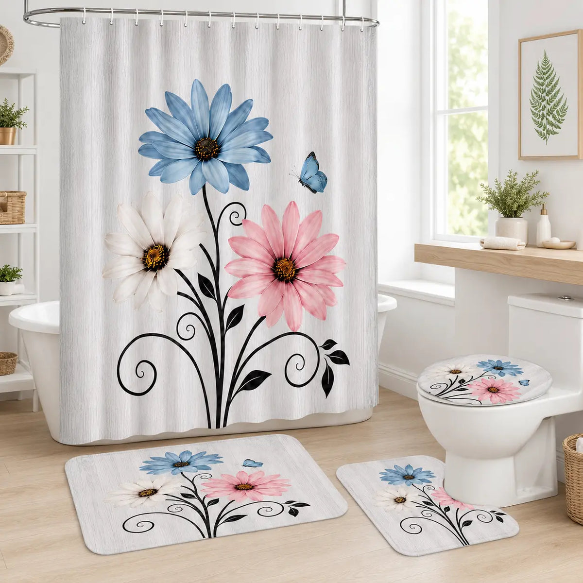4-Piece  Pink Country Farmhouse Shower Curtain Set with Shower Curtain, Mat, and Accessories; Waterproof Decorative Bathroom Shower Curtain Set with 12 Hooks, 72 x 72 in