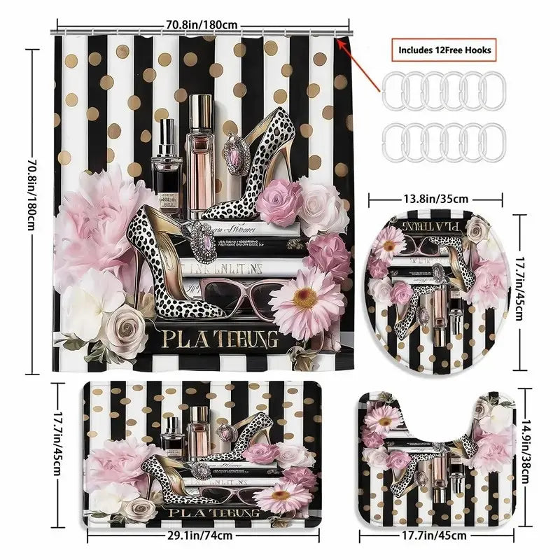 1/4pc Floral Pattern Bathroom Decor Set, including shower curtain, toilet U-shaped mat, bathroom mat, and toilet seat cover, comes with 12 shower curtain hooks, Bathroom Decor and Accessories, Bathroom Supplies
