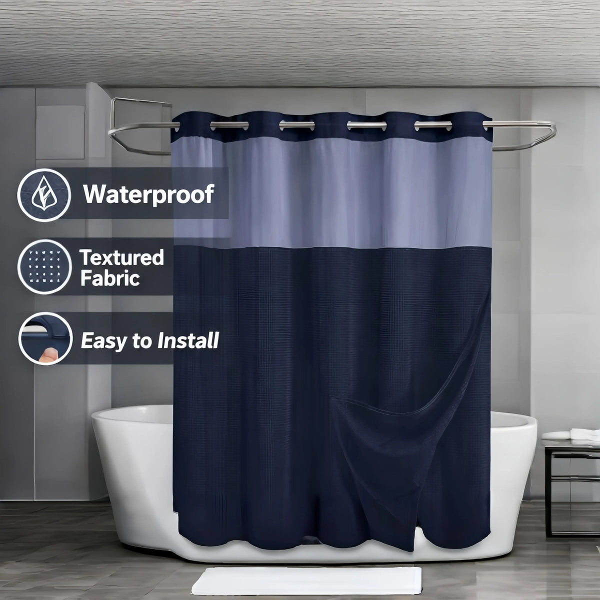 Brown No Hook Shower Curtain with Snap in Liner grey Waffle Pattern Shower Curtain Double Layer Shower Curtain -Fabric Waterproof Inner Liner,Bathroom Accessory for Home, Hotel, Salon & Dormitory Decor