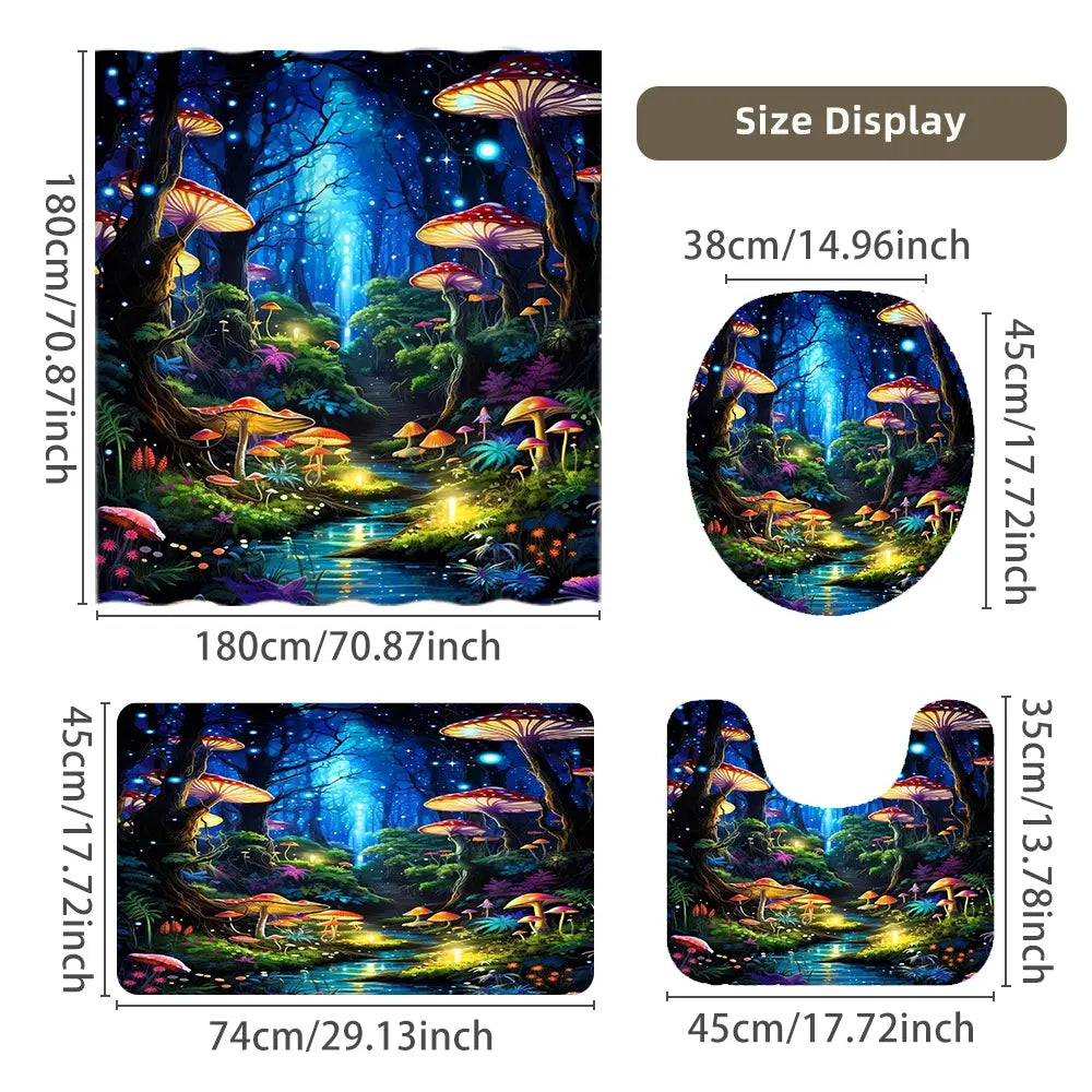 4 Pcs Magical Mushroom Forest Bathroom Curtain Sets with 12 Hooks, Enchanted Night Forest Large Waterproof Mildew Proof Bathroom Curtain, Decorative Shower Curtain, Bathroom Curtains Shower, Toilet Lid Cover, Non-Slip Bathroom Rugs and U Shape Bath Mat