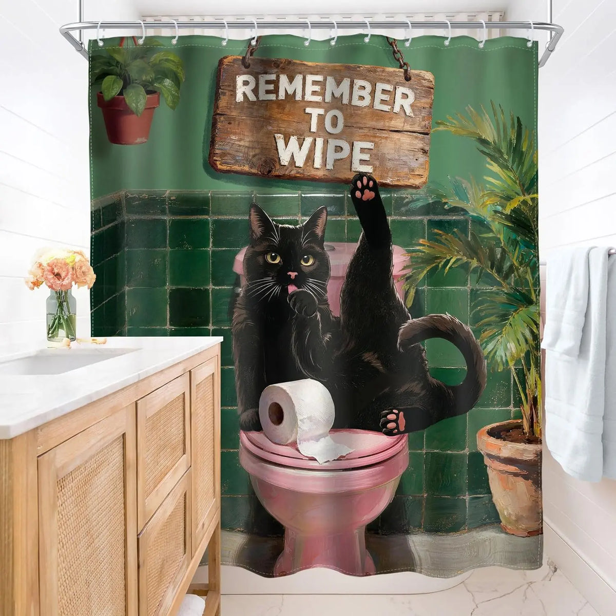 Funny Black Cat Shower Curtain - Cute Humorous Kitten On Toilet, Green Botanical Animal Artwork, Waterproof Polyester Cloth, Halloween/Birthday Bathroom Decor Set with Hooks, Water Resistant Animals Room Divider Curtain