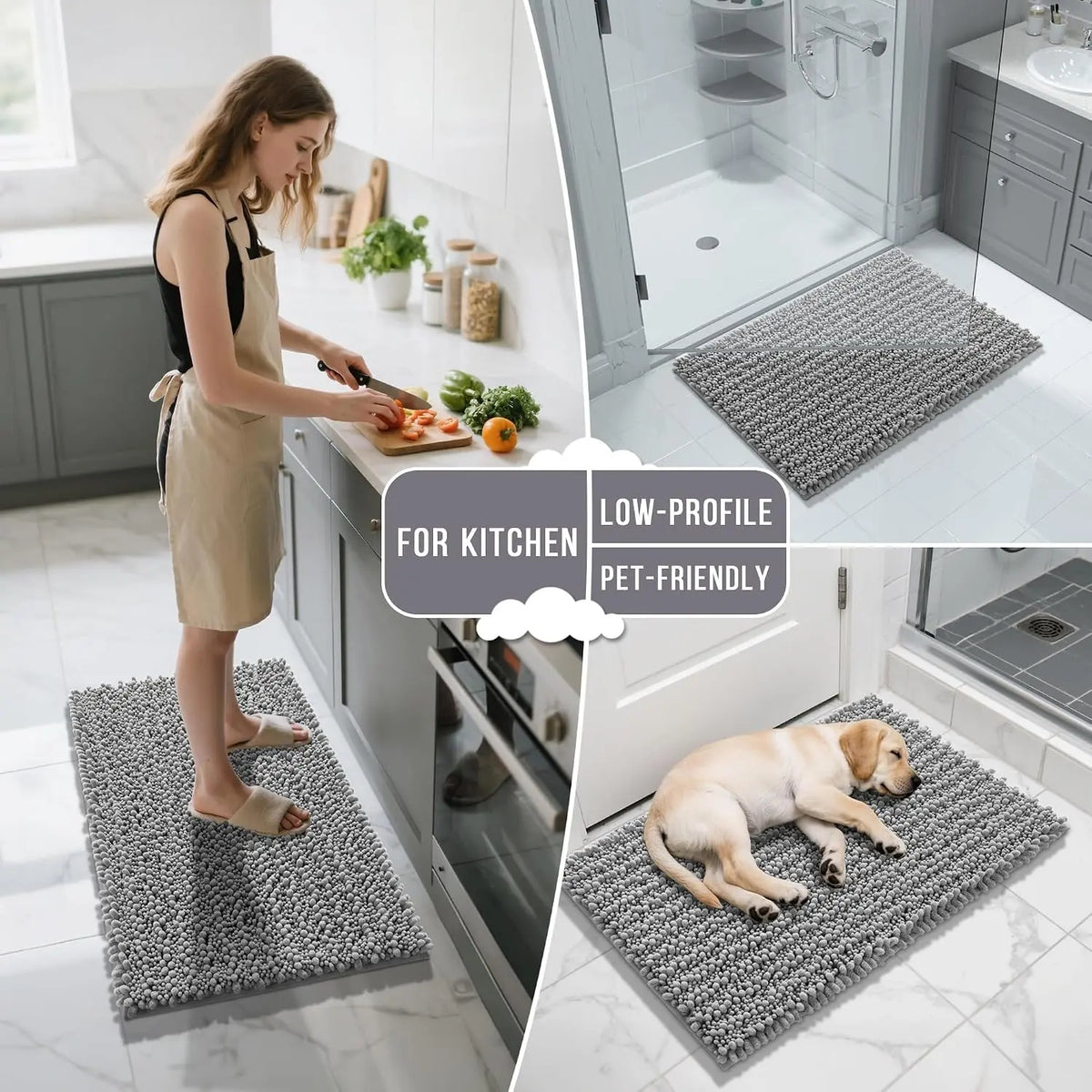 Pet Plush Chenille 3-Piece Rectangle Bathroom Floor Mat Set - 24.4"x20.4", 31.5"x19.8", 44.1"x24" Mats, Fluffy, Super Absorbent, Quick Dry, Non Slip Hot-Melt Adhesive Backing, Easy to Clean, Extra Thick Shaggy, for Toilet, Indoors, Grey (Pet Supplies)