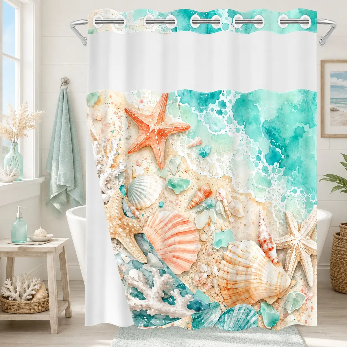 1Pc Hookless Double Layer Shower Curtain, Coastal Seashell Starfish Beach Print, Bathroom Makeover Decor Curtain, Water Repellent Washable Fabric, Removable Snap-in Liner, Top See-Through Window, For Apartment, Hotel, Guest Bath