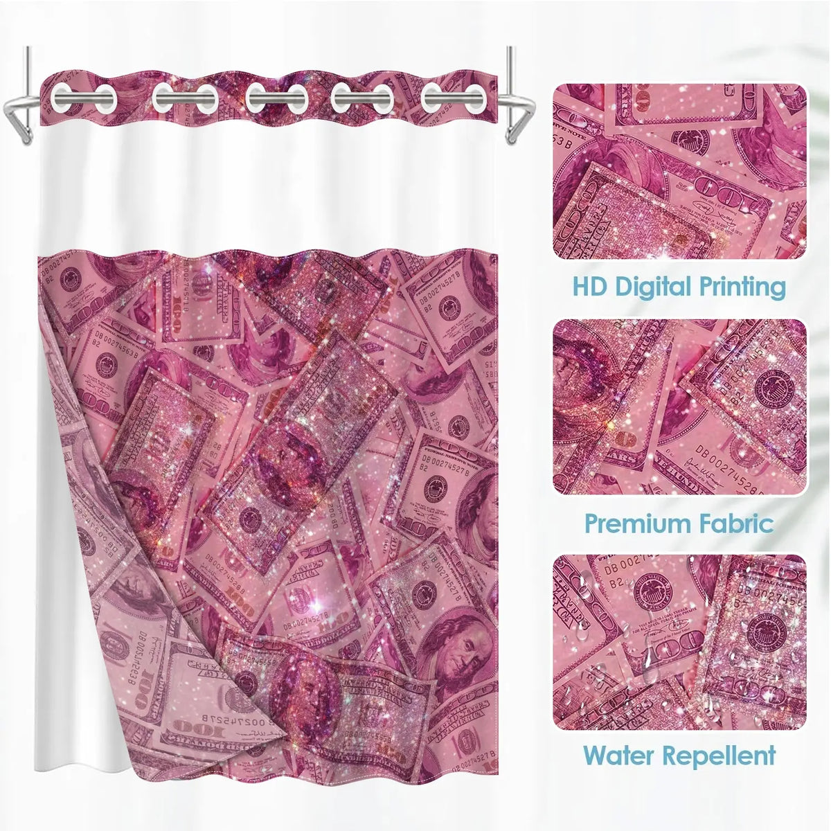 1PC 2D Flat No Hooks Double Layer Shower Curtain, Printed Shower Curtain, Pink Glitter Dollar Full Print Waterproof Fabric, Home Decor, Accessories for Hotel, Home Bathroom, Clear Top Window & Detachable Snap-In Liner, Room Divider, 71×74 Inch