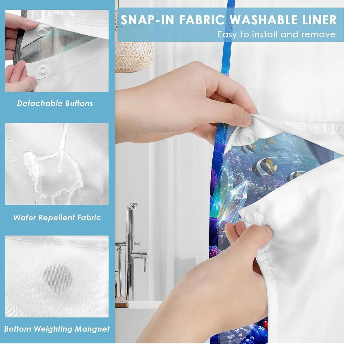 1 Pc Hookless Double Layer Shower Curtain, No Hook Shower Curtain, Underwater World Dolphin Print, Machine Washable Waterproof Mildew Resistant Fabric, Ocean Vibe Home Bathroom Decor, Removable Snap-in Liner, Bathroom Divider - 71"×74