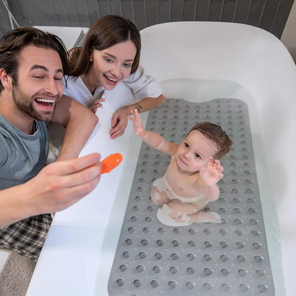 Antislip Grip PVC Bath Mat for Tub, 40x16 in Extra Long Soft Pebble Texture, Machine Washable, Fast-Drying Drainable, Strong Suction Cups, for Family, Bathroom Household Items (Blue, Clear, Light Gray, Black)