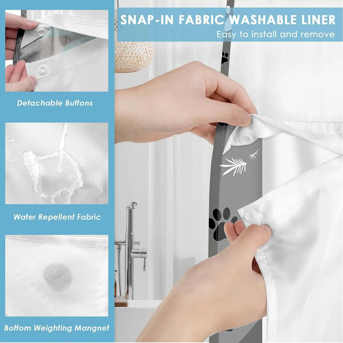 1pc hookless shower curtain with liner, black, white cat paw decorative design 2D printing, fabric waterproof liner, see-through window, double-layer, 71 x 74 inches, modern home decoration, Shower Curtain No Hooks With Liner