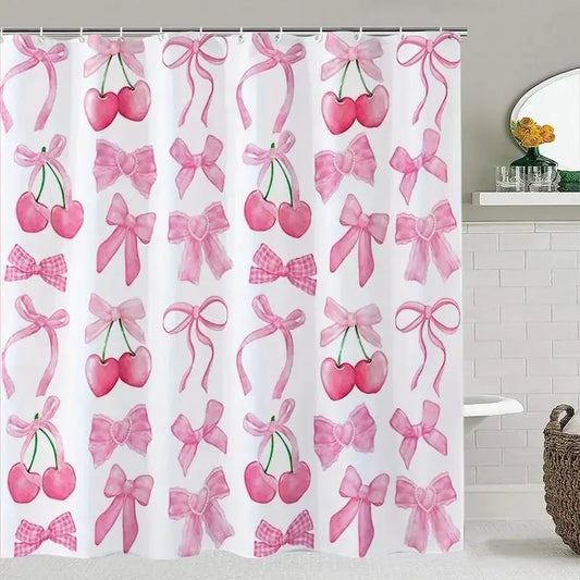 1/4 pcs Cherry and Bow pattern bathroom decoration set, Restroom Bathroom Accessories, festive design, non-slip floor mat, U-shaped rug, toilet seat cover, come with 12 shower curtain hooks, Shower Curtain Sets