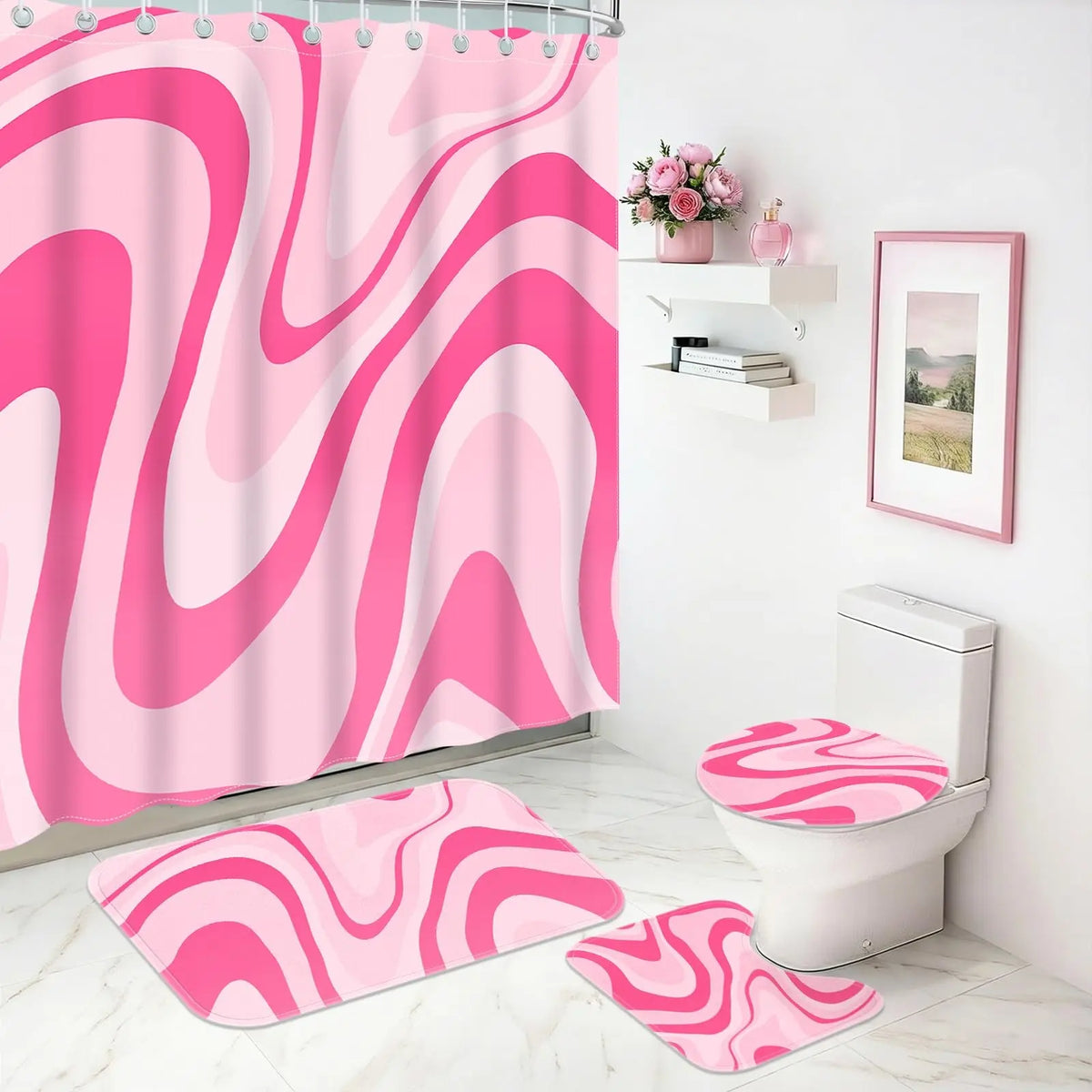 Girly Pink 4-Piece Thick Flannel Waterproof Bathroom Set - Anti-Slip Rugs, U-Shaped Bath Mat, Toilet Lid Cover, Resistant Material, Multi-Room Home Bathroom Supplies, Sohochic, Four-Pieces