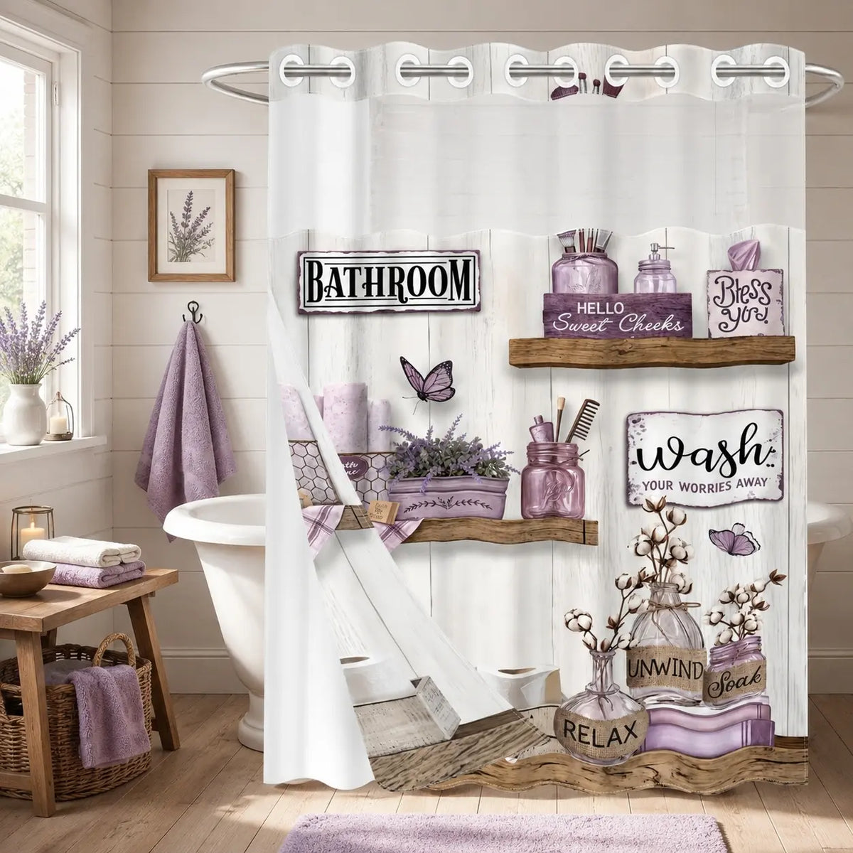 1Pc Double Layer Shower Curtain, Rustic Farmhouse Butterfly Print, Removable Snap-in Liner, Water Repellent Washable Fabric For Apartment Rental Bathtub Shower, 71x74 Inch, Shower Curtain No Hooks With Liner