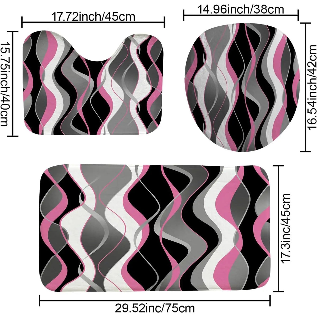 4Pcs Pink Shower Curtain Sets with Non-Slip Rugs, Toilet Lid Cover and Bath Mat, Black and Gray Bathroom Decor Set Accessories Fabric Waterproof Shower Curtains with 12 Hooks, 72 x 76 Inch