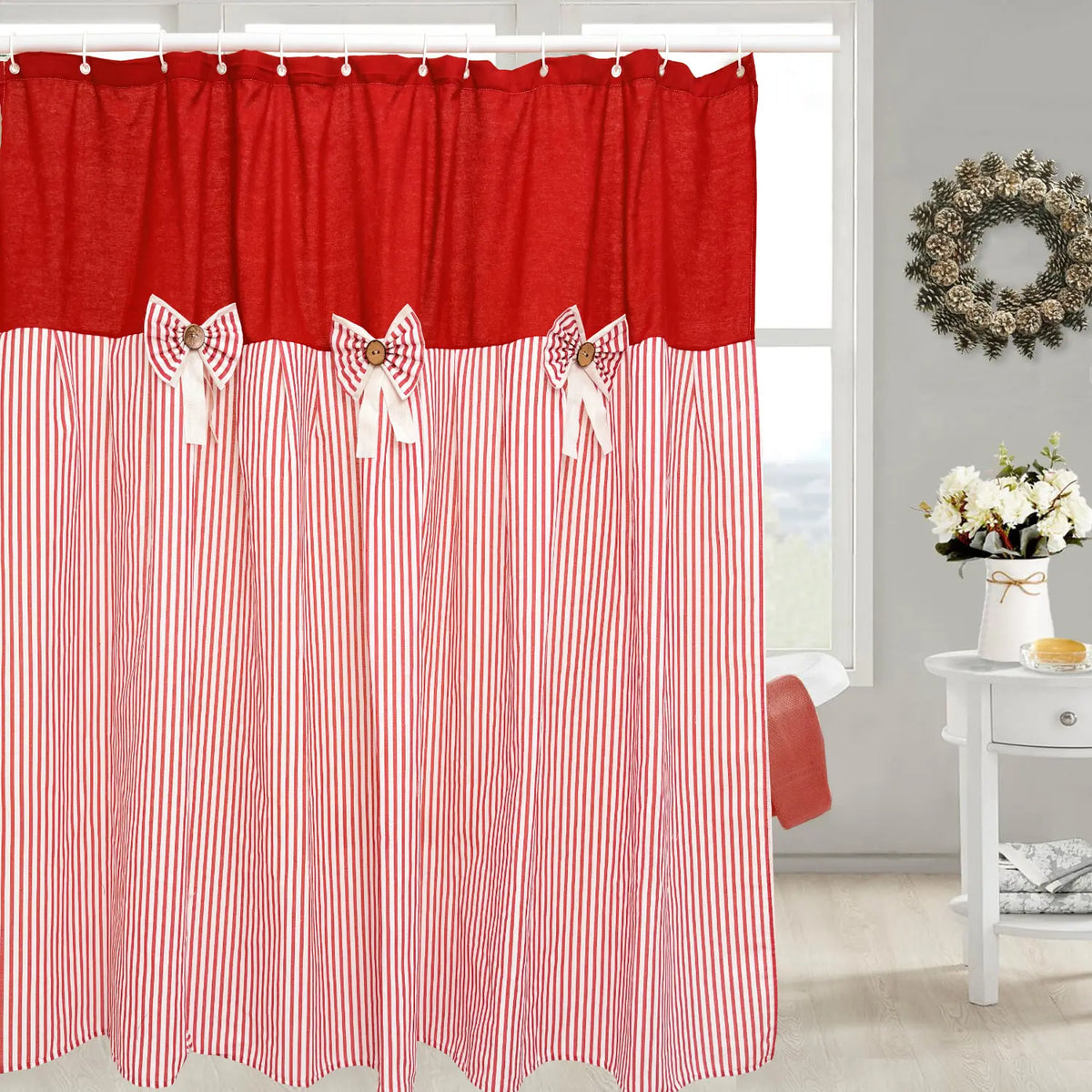 Rustic Farmhouse Shower Curtain - Striped Bottom, Bow Detail, Pattern Design for Cozy Bathroom Decor, Farmhouse Shower Curtains,sohochic
