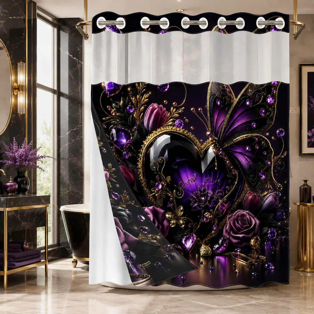 No Hooks Black Gold Heart Floral Shower Curtain with Snap-In Liner, Double-Layer Waterproof Fabric, Sheer Mesh Top, Removable White Liner, Floral Shower Curtains For Bathroom, Baroque Bathroom Decor, Bathroom Accessories, 72x75in