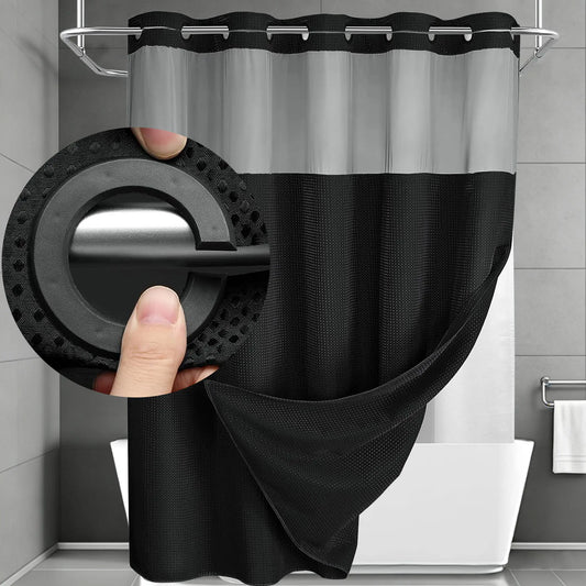 No Hook Waffle Weave Waterproof Shower Curtains for Bathroom, Double-Layer Shower Curtain with Removable Snap-In Liner, Airy Bright Transparent Mesh Top Window, Luxury Bathroom Decor, Modern Washable Home Supply, 72x75in