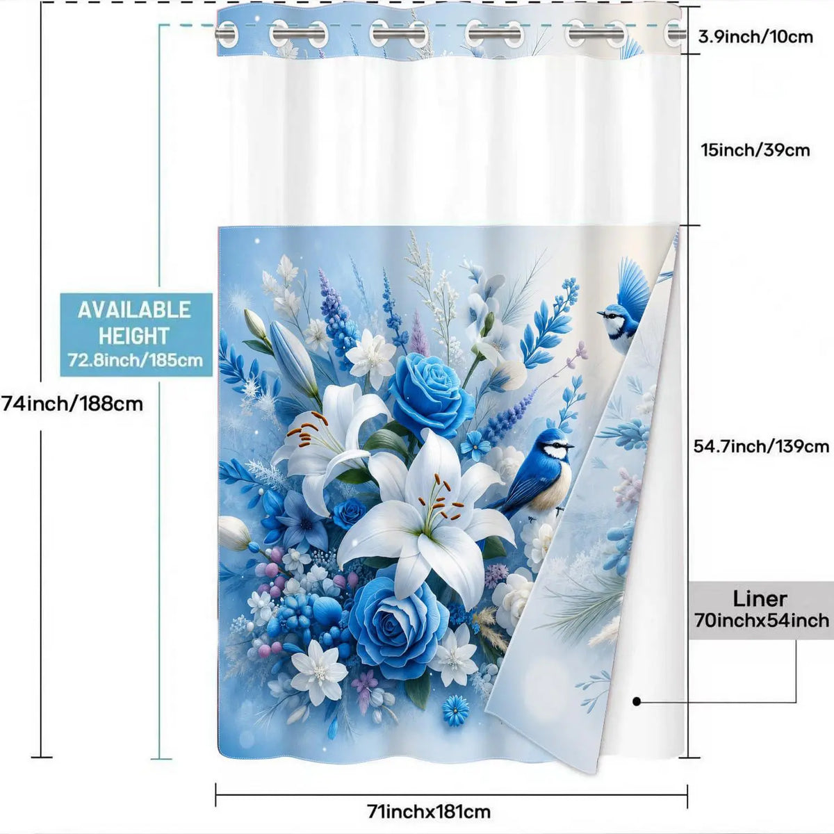 Blue Lily Rose Bird No Hook Shower Curtain Floral with Snap-In Liner, Double Layer Waterproof, Sheer Mesh Top, Removable White Liner, Machine Washable, Farmhouse Garden Decor, Hotel, Dorm & Home Bathroom Accessory, 72 x 74 Inches