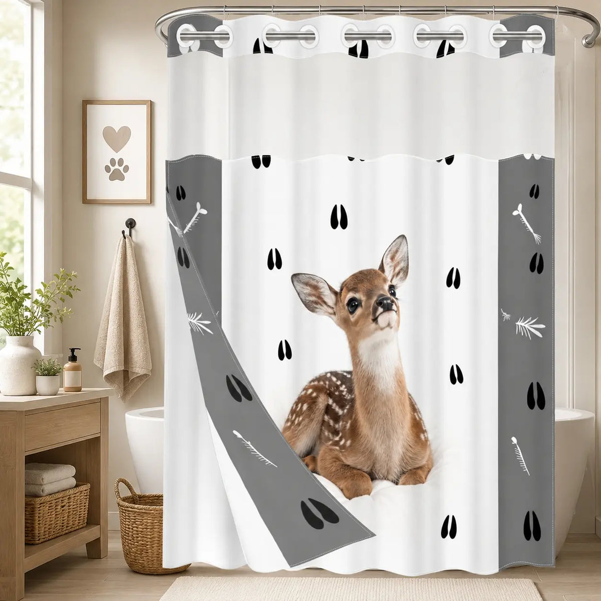 1pc hookless shower curtain with liner, black, white cat paw decorative design 2D printing, fabric waterproof liner, see-through window, double-layer, 71 x 74 inches, modern home decoration, Shower Curtain No Hooks With Liner