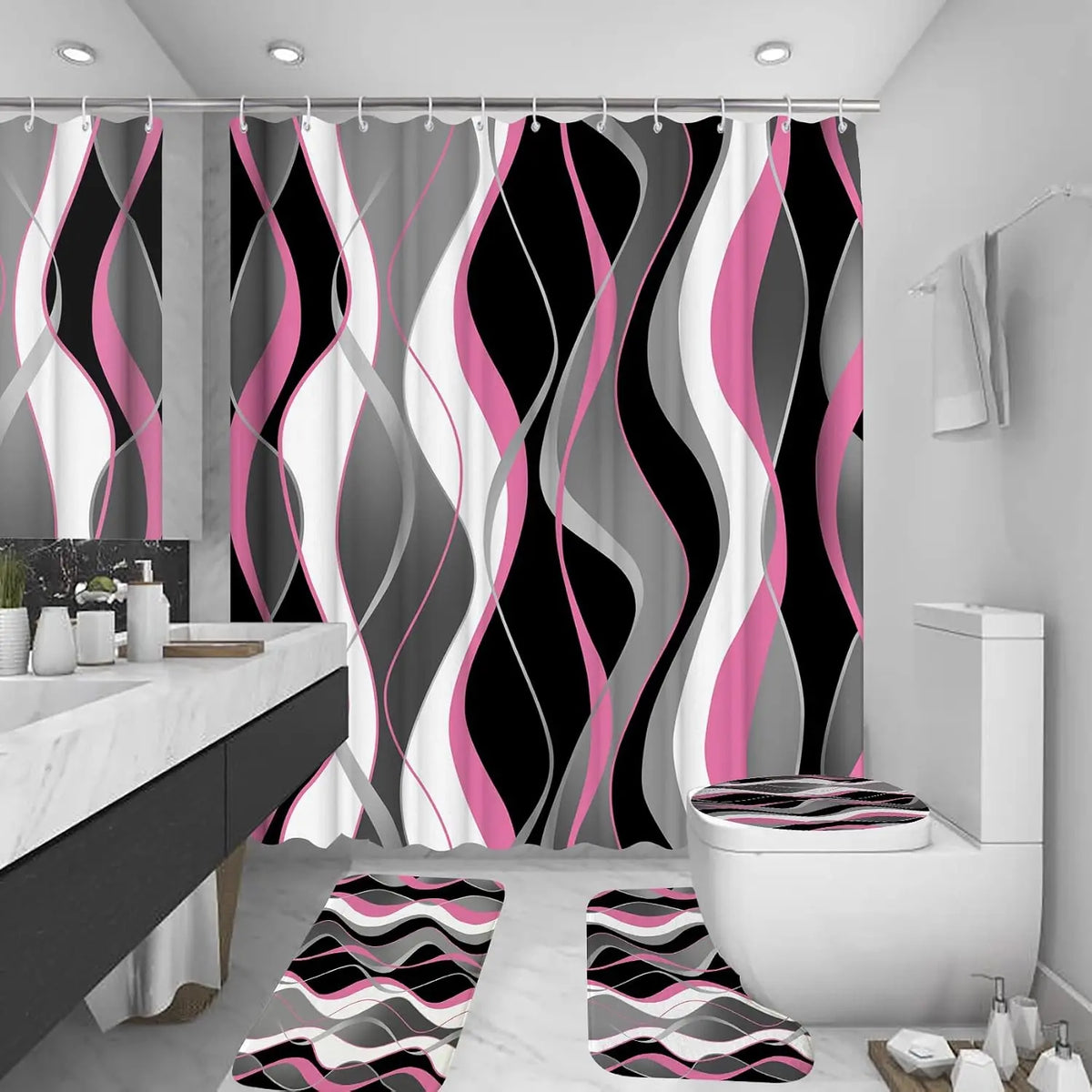 4Pcs Pink Shower Curtain Sets with Non-Slip Rugs, Toilet Lid Cover and Bath Mat, Black and Gray Bathroom Decor Set Accessories Fabric Waterproof Shower Curtains with 12 Hooks, 72 x 76 Inch
