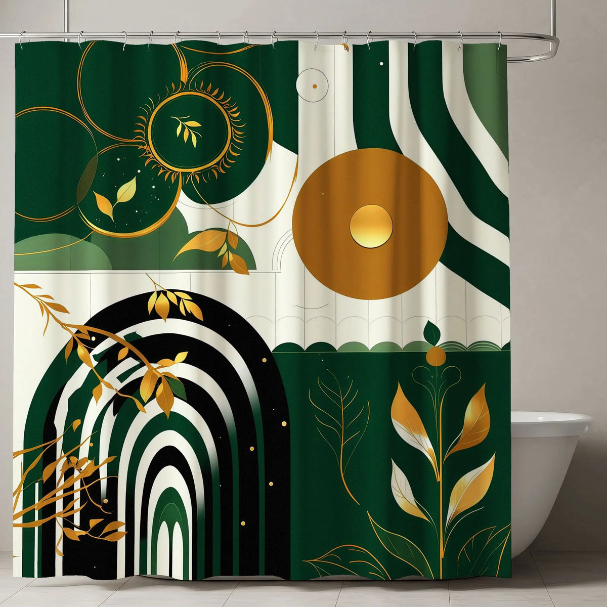 Artistic Abstract Nature-Inspired Decorative Shower Curtain with Golden Sun Motif, Stylized Botanical Illustrations & Geometric Patterns in Deep Forest Green and Cream – Perfect for Modern Bathrooms this Holiday Season