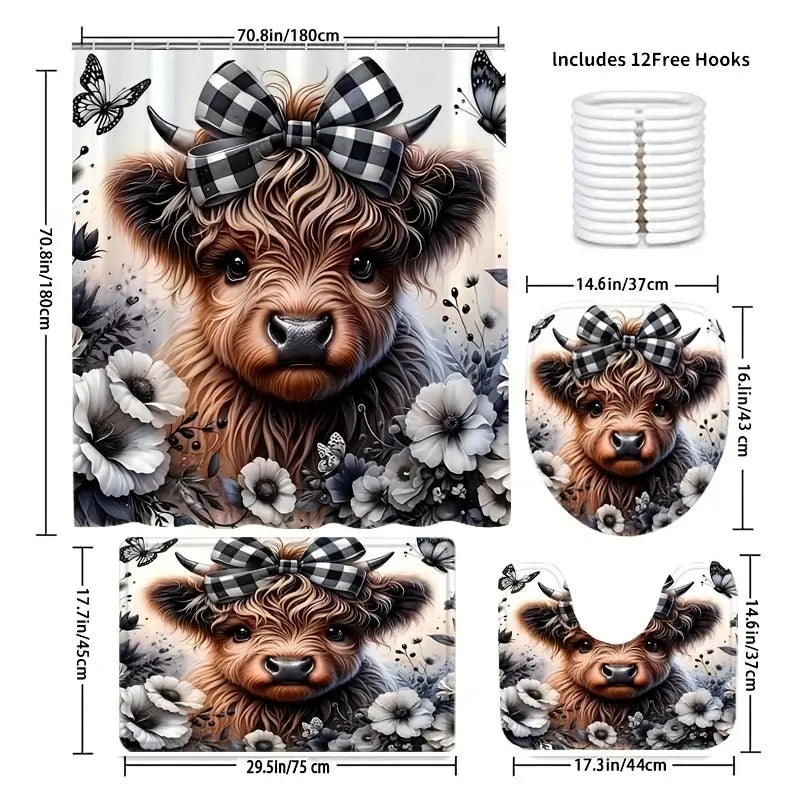 4pcs Exquisite Small Cow Bathroom Set Package - Polyester Non-Slip U-Shaped Toilet Seat Cover, High-Quality Shower Curtain with 12 Durable Hooks, Garden Glam Home Bathroom Decor for All Styles