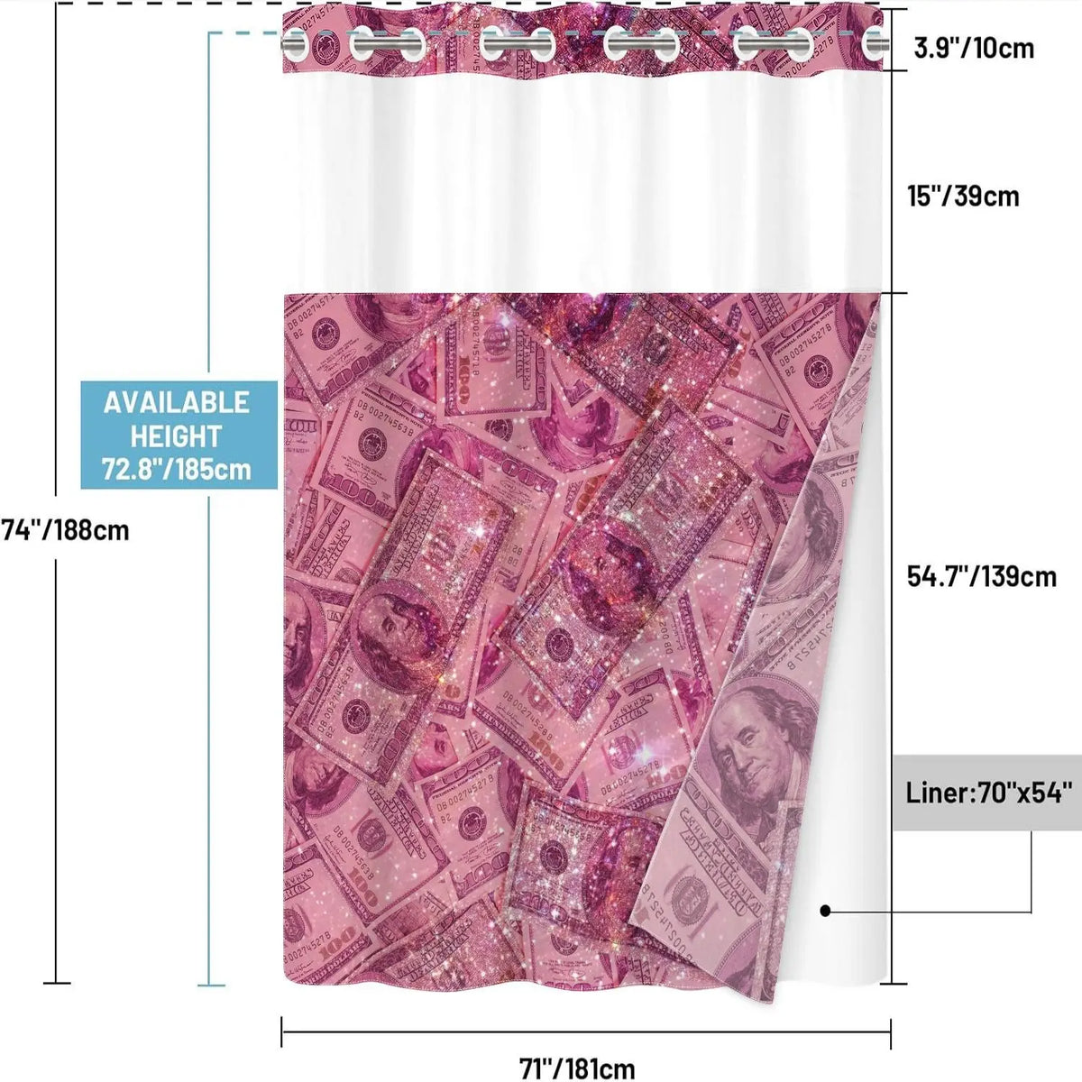 1PC 2D Flat No Hooks Double Layer Shower Curtain, Printed Shower Curtain, Pink Glitter Dollar Full Print Waterproof Fabric, Home Decor, Accessories for Hotel, Home Bathroom, Clear Top Window & Detachable Snap-In Liner, Room Divider, 71×74 Inch