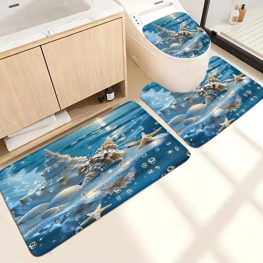 1pc/4-Piece Polyester Shower Curtain Set with Stick Hooks, Bathroom Rug, Mat, Modern Home Decor, Shower Curtain Art - Geometric, Floral, Modern Ocean Theme, Conch, Shell, Starfish Patterns, 12 Hooks, Sohochic