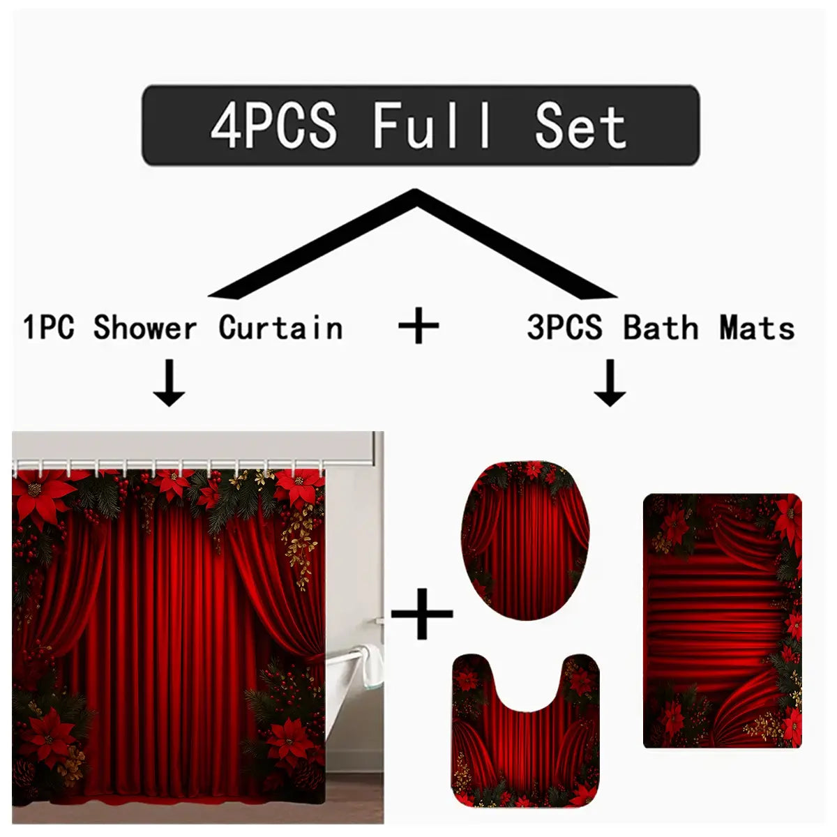 72x72 Inch Waterproof Christmas Bathroom Printed Shower Curtain Set, Durable Polyester Fiber, Easy Install Hooks Included, Perfect Holiday Gift, Bathroom Curtains Shower Set