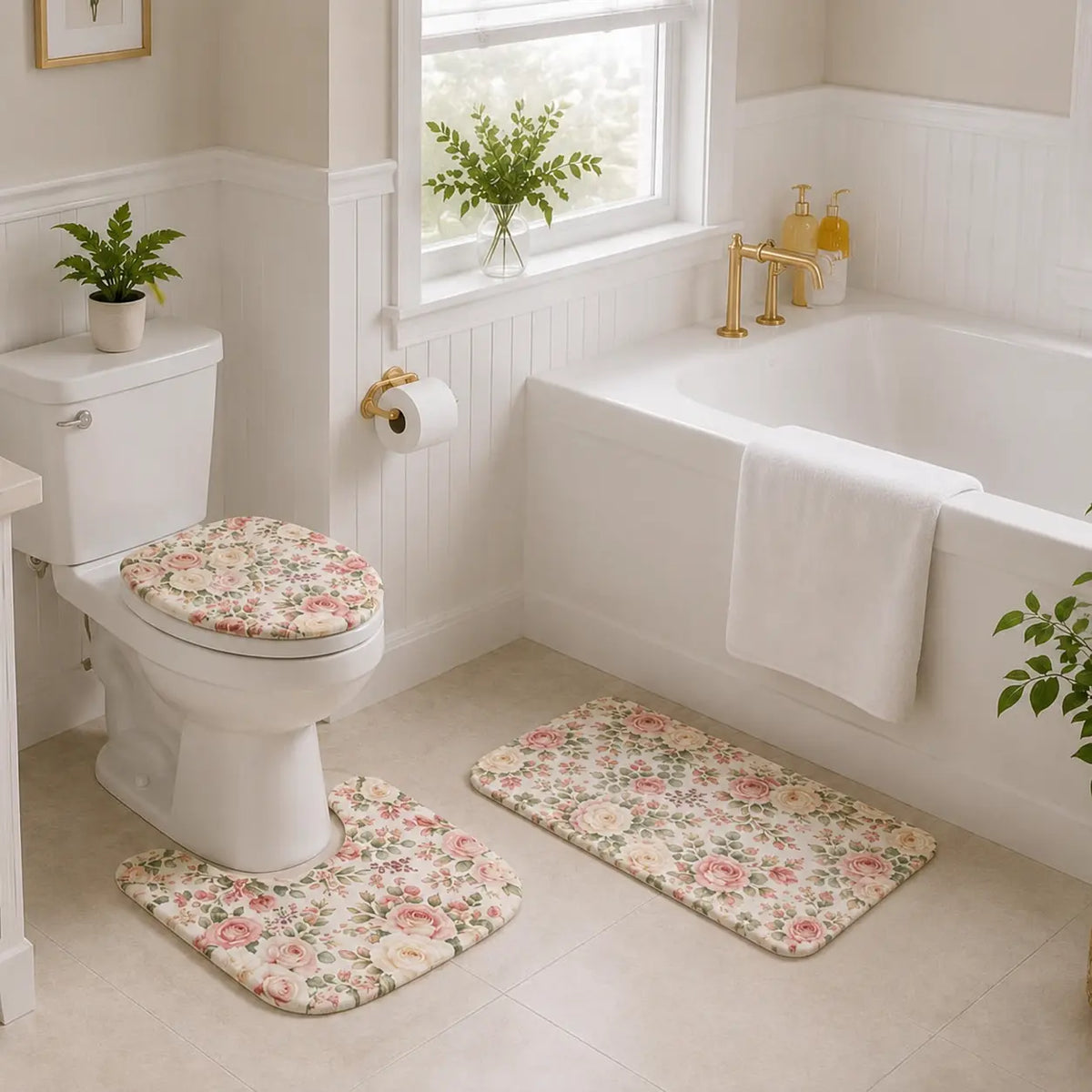 3-Piece Vintage Pink Rose Bathroom Combo Set - French Country Rustic Garden Home Supplies, Floral Design, Soft Absorbent Cushioned Anti-Slip, Washable Bath Mats, U-Shaped Toilet Rug & Lid Cover, Holidays Mother’s Day Gift Idea