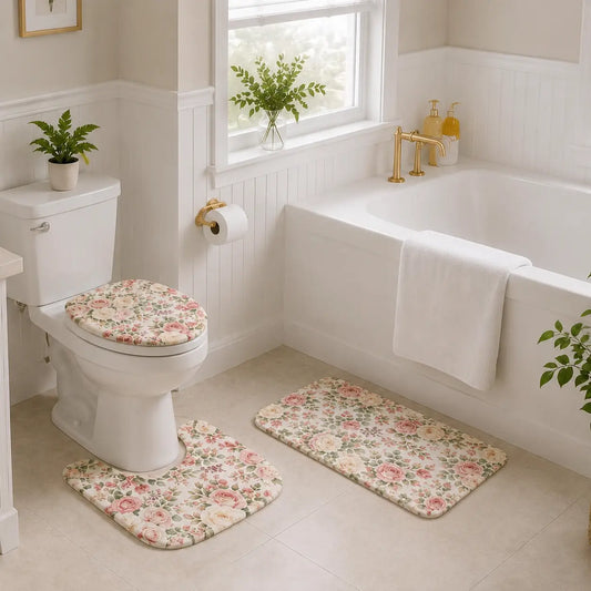 3-Piece Vintage Pink Rose Bathroom Combo Set - French Country Rustic Garden Home Supplies, Floral Design, Soft Absorbent Cushioned Anti-Slip, Washable Bath Mats, U-Shaped Toilet Rug & Lid Cover, Holidays Mother’s Day Gift Idea