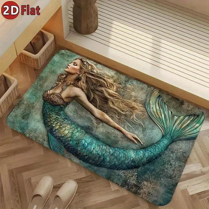 1pc Teal Green Rectangular Tropical Mermaid Print Diatomaceous Earth Bath Mat - Non-Slip, Quick-Dry, Absorbent, Ocean Themed Bathroom Decor, Ideal Gift for Mermaid Lovers