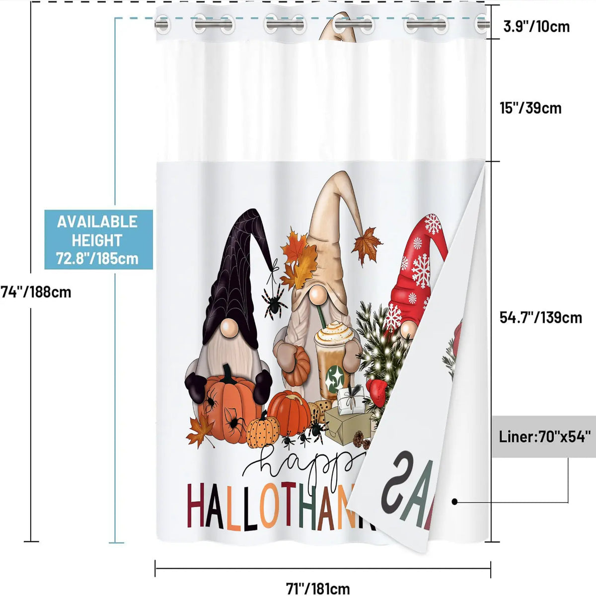 1Pc Hookless Double Layer Printed Shower Curtain, Holiday Gnome Pumpkin Spider Coffee Cup Print, Halloween Fall Christmas Bathroom Decor, Waterproof Washable Fabric, Removable Snap-in Liner, Top See-Through Window, For Apartment, Guest Bath, RV