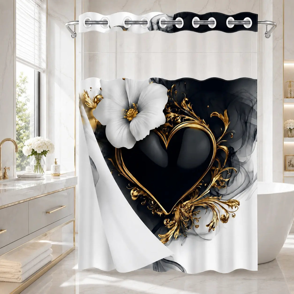No Hooks Black Gold Heart Floral Shower Curtain with Snap-In Liner, Double-Layer Waterproof Fabric, Sheer Mesh Top, Removable White Liner, Floral Shower Curtains For Bathroom, Baroque Bathroom Decor, Bathroom Accessories, 72x75in