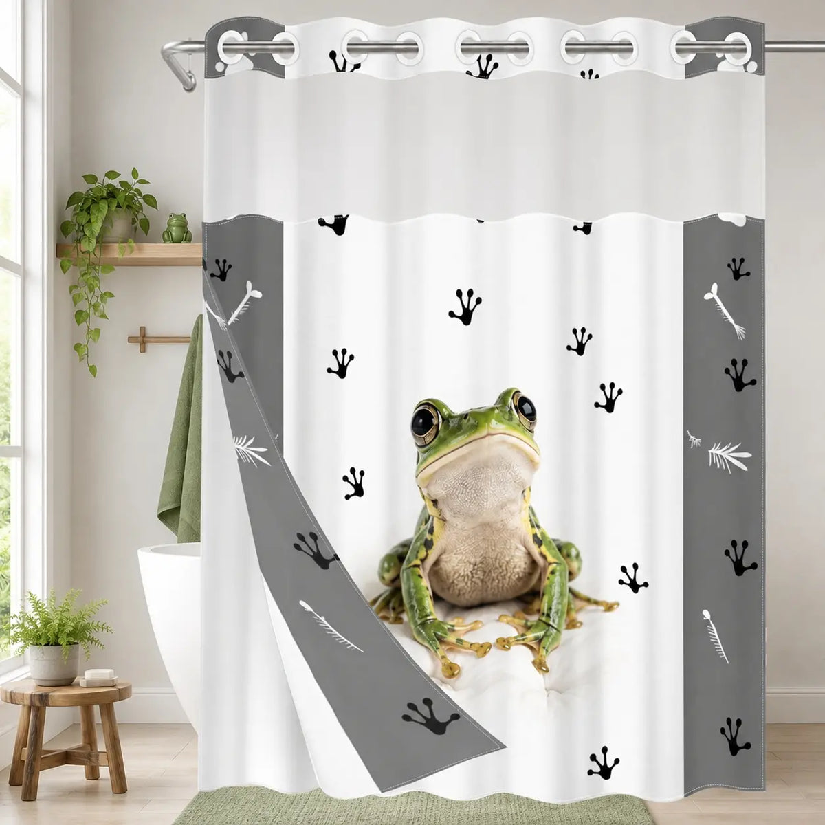 1pc hookless shower curtain with liner, black, white cat paw decorative design 2D printing, fabric waterproof liner, see-through window, double-layer, 71 x 74 inches, modern home decoration, Shower Curtain No Hooks With Liner