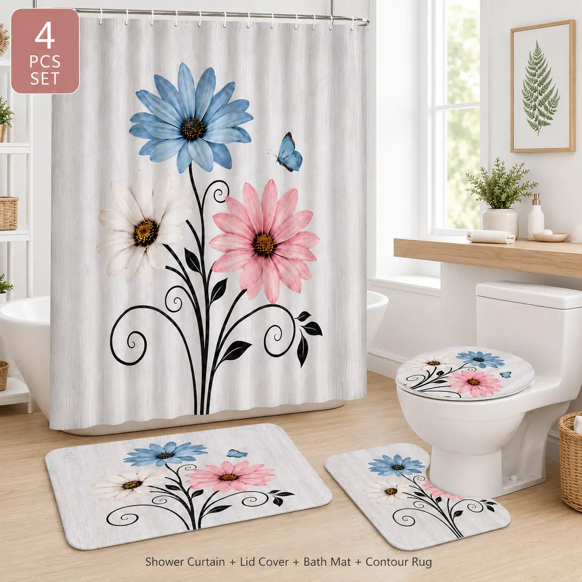 4-Piece  Pink Country Farmhouse Shower Curtain Set with Shower Curtain, Mat, and Accessories; Waterproof Decorative Bathroom Shower Curtain Set with 12 Hooks, 72 x 72 in