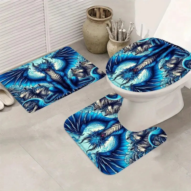 Dragon Pattern Bathroom Decor Set, 4 Piece Includes Shower Curtain, U-Shaped Toilet Pad, Bath Mat, Toilet Lid Cover, Bathroom Accessories, Bathroom Shower Curtain Sets
