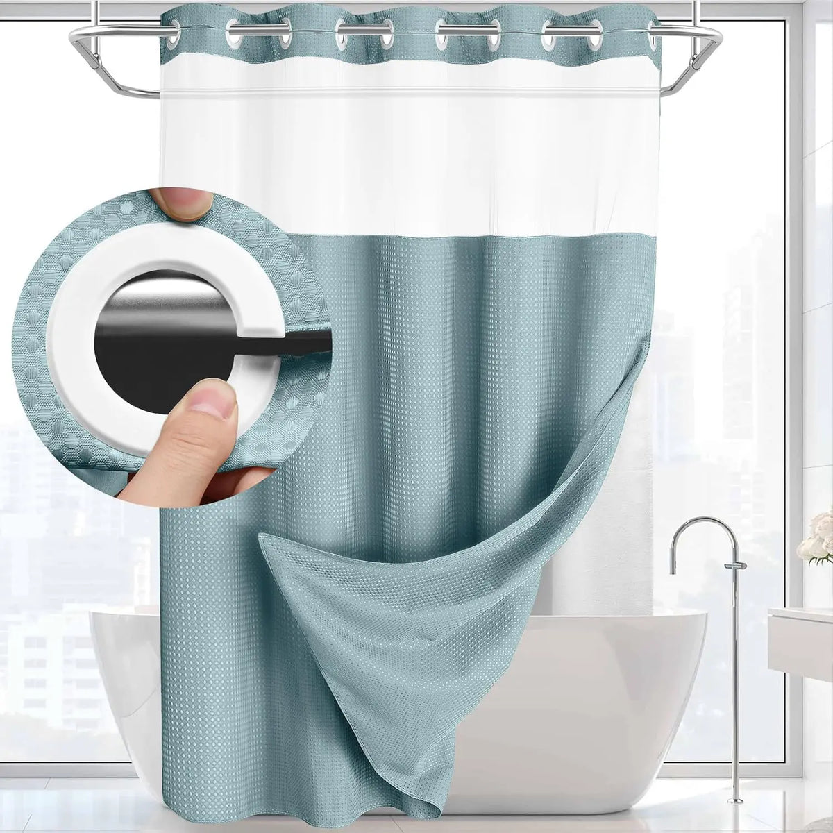 No Hook Washable Waffle Weave Shower Curtain with Snap in Liner -Waterproof Double Layer Shower Curtain With WashableInner Liner,  72 x75 Inch Showercurtain