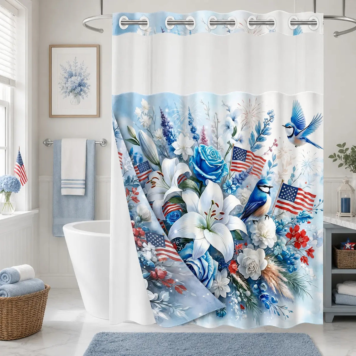 Blue Lily Rose Bird No Hook Shower Curtain Floral with Snap-In Liner, Double Layer Waterproof, Sheer Mesh Top, Removable White Liner, Machine Washable, Farmhouse Garden Decor, Hotel, Dorm & Home Bathroom Accessory, 72 x 74 Inches