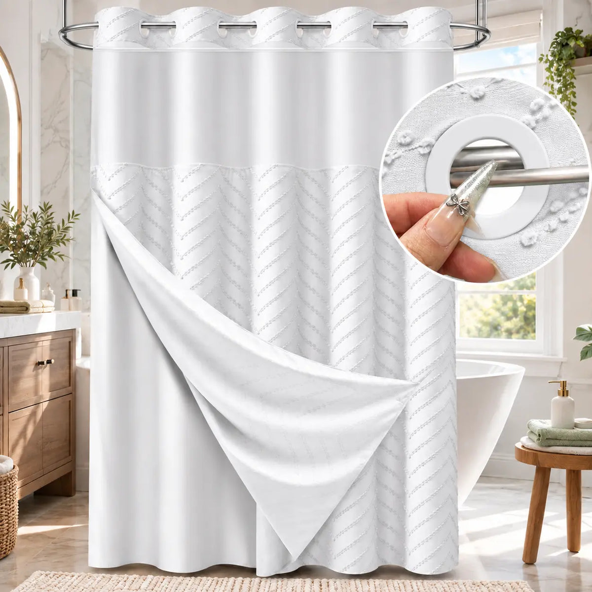 Hookless Shower Curtain with Snap-in Liner, Textured Bathroom Curtain Set, Built-in Plastic Rings, Water-Repellent Polyester Fabric, Machine Washable, 71 x 74 in