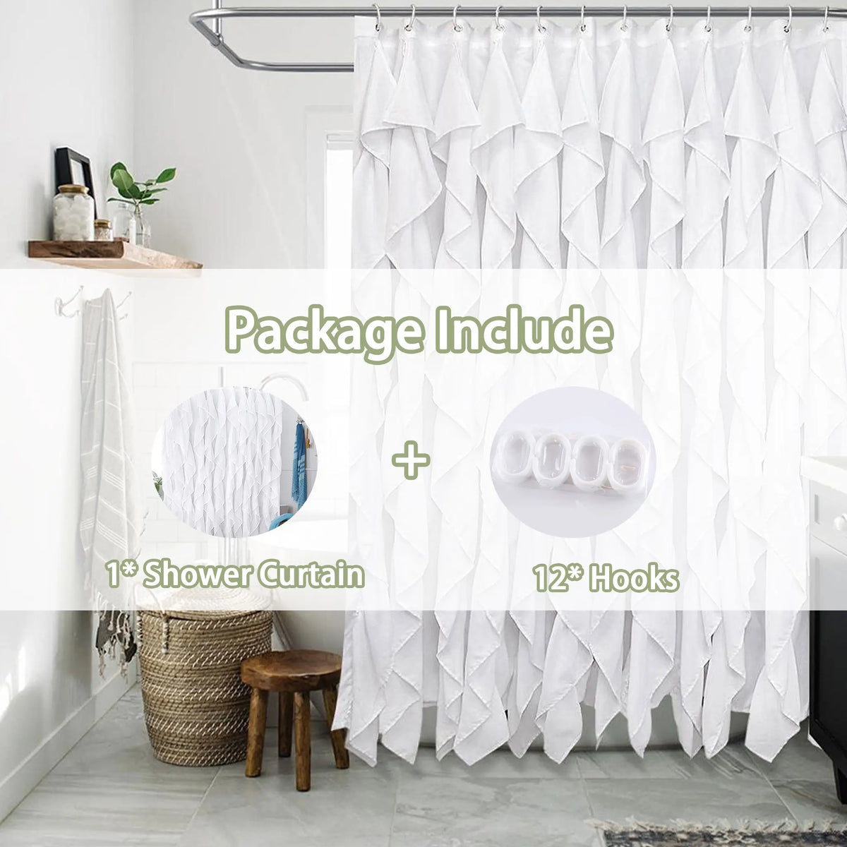Ruffled Shower Curtain for Farmhouse Bathroom, Restroom, Home Goods, Dual Layer Fabric, Textured Design, 72x72 Inches, Opaque, Elegant Decoration, Decorative Shower Curtain, Aesthetic Shower Curtain, Farmhouse Shower Curtains for Bathroom