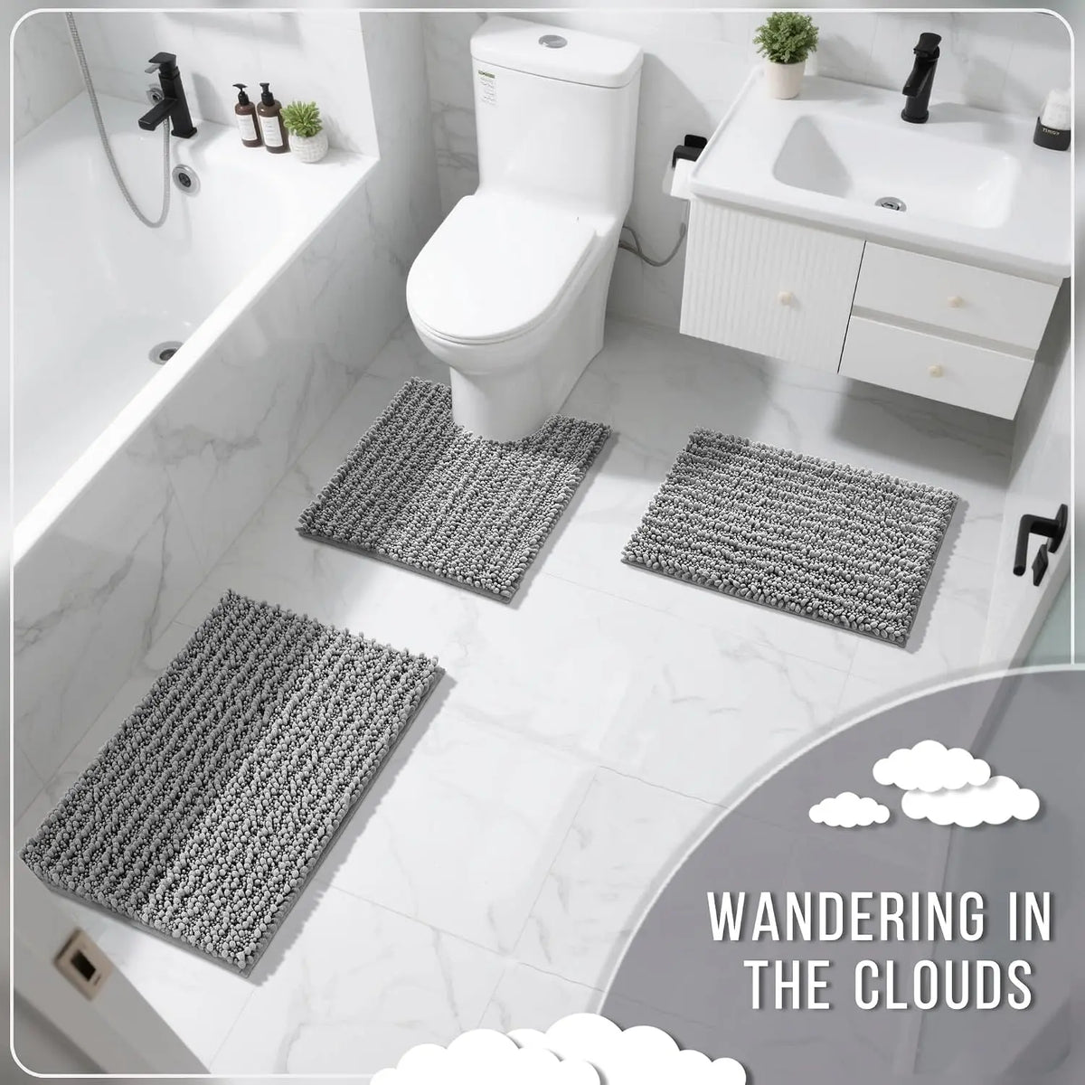 Pet Plush Chenille 3-Piece Rectangle Bathroom Floor Mat Set - 24.4"x20.4", 31.5"x19.8", 44.1"x24" Mats, Fluffy, Super Absorbent, Quick Dry, Non Slip Hot-Melt Adhesive Backing, Easy to Clean, Extra Thick Shaggy, for Toilet, Indoors, Grey (Pet Supplies)