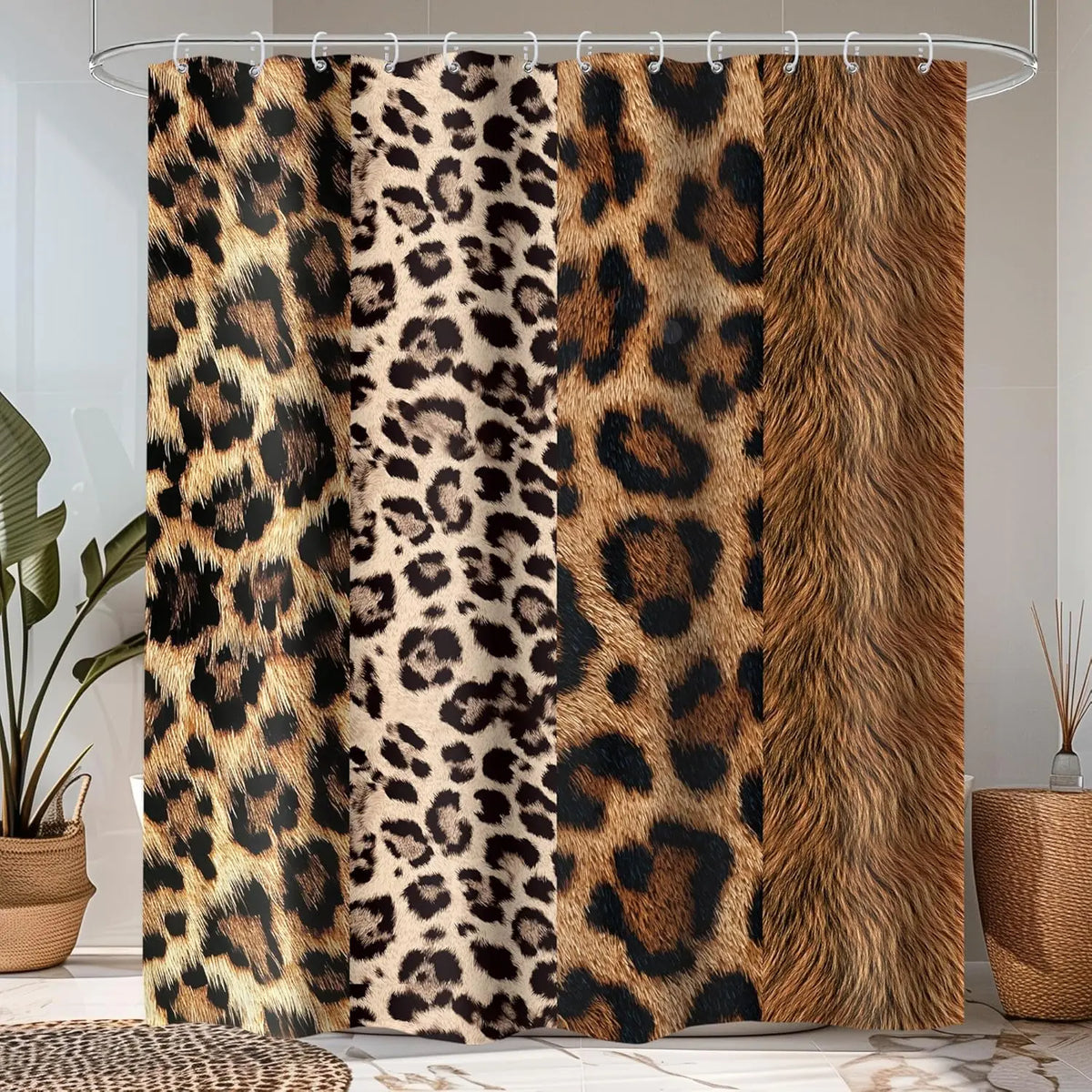 Leopard Print Shower Curtain Wild Safari Skin Pattern Powerful Cheetah Cat Panthera Black Brown Fur Wildlife Waterproof Bathroom Home Decor with Hooks