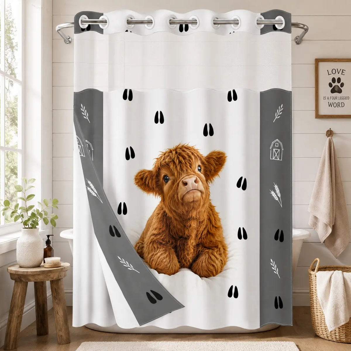 1pc hookless shower curtain with liner, black, white cat paw decorative design 2D printing, fabric waterproof liner, see-through window, double-layer, 71 x 74 inches, modern home decoration, Shower Curtain No Hooks With Liner