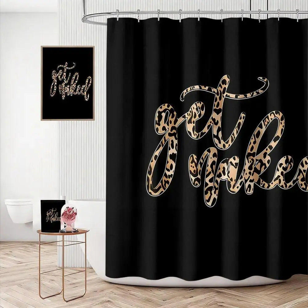 1/4pcs Fashion Glam Leopard Print Animals Polyester Bathroom Curtain Combo Set - Black Background "Get Naked" Sassy Quote, Thick-Soft Floor Mat, Shower Curtain Cloth, Softness for Festive Bathroom Decor