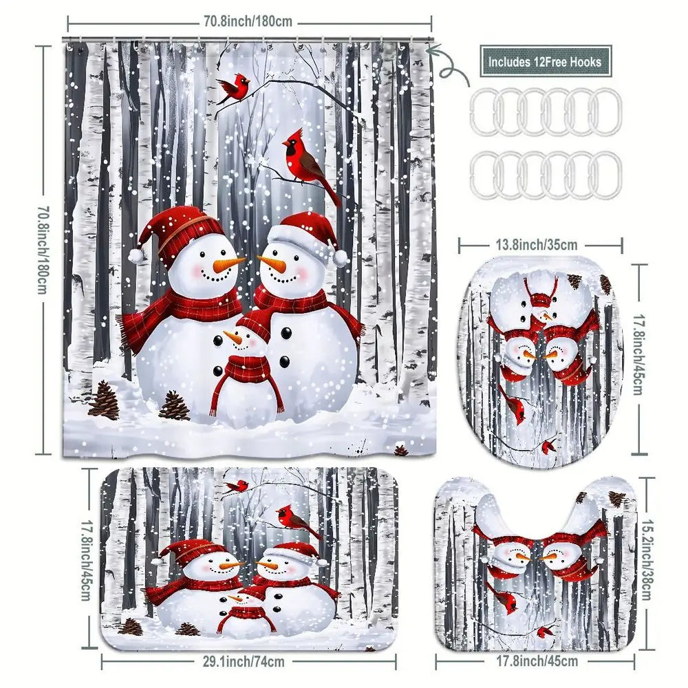4pcs Winter Snowman Decorative Shower Curtain Set, Cozy Christmas Bathroom Decor, Red Cardinal Forest Scene, Holiday Snowfall Print, TikTok Shop Trending, Festive Bathroom Makeover