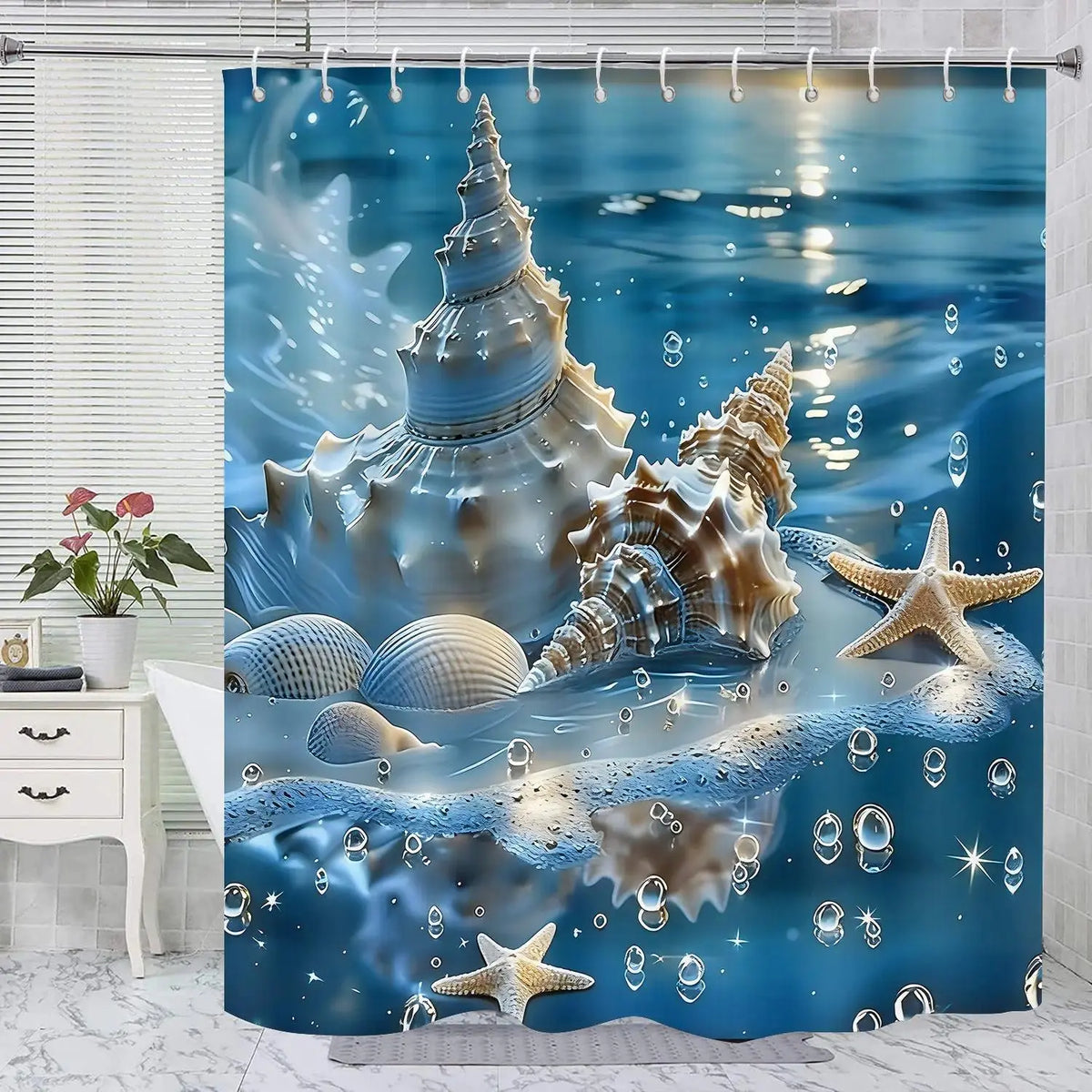 1pc/4-Piece Polyester Shower Curtain Set with Stick Hooks, Bathroom Rug, Mat, Modern Home Decor, Shower Curtain Art - Geometric, Floral, Modern Ocean Theme, Conch, Shell, Starfish Patterns, 12 Hooks, Sohochic