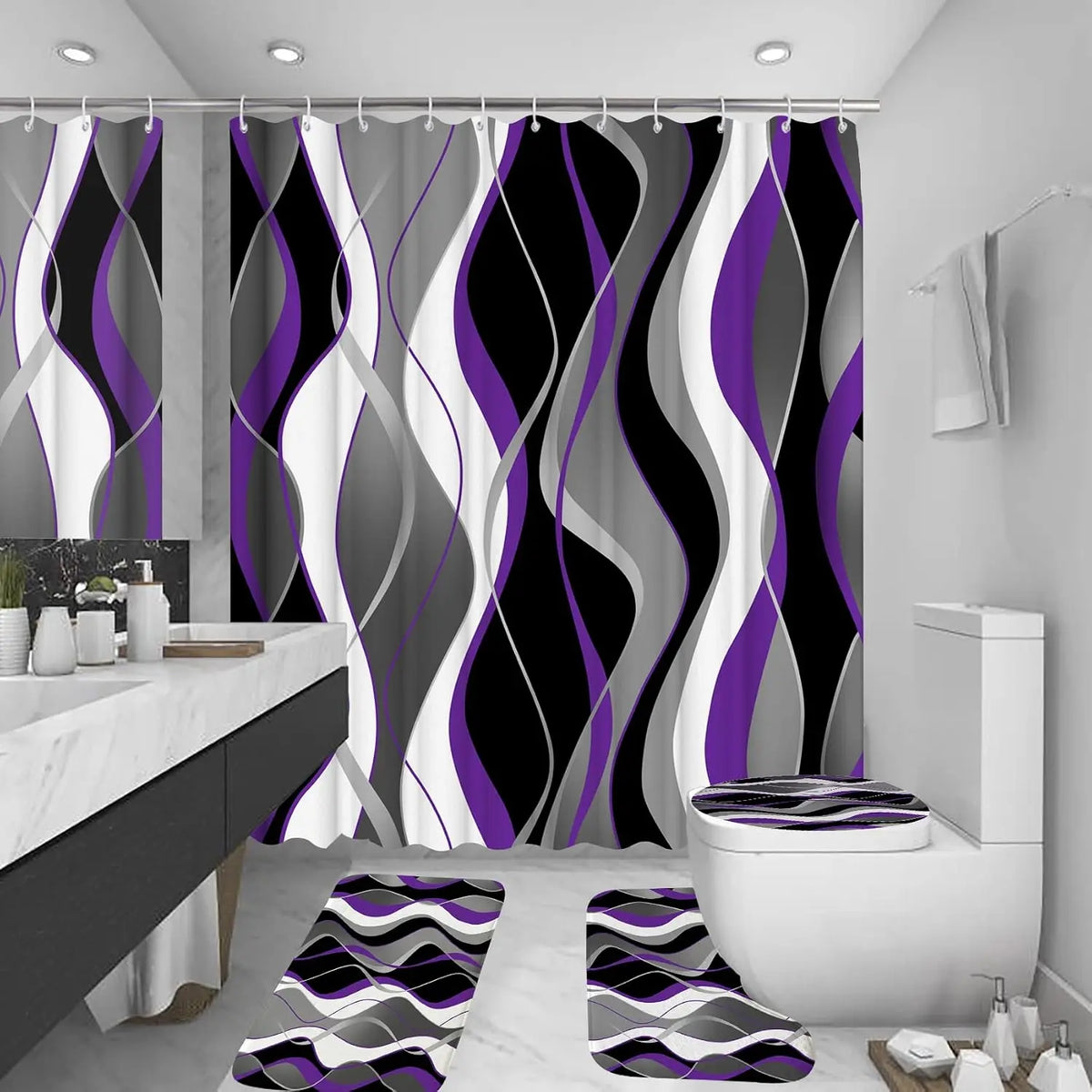 4Pcs Pink Shower Curtain Sets with Non-Slip Rugs, Toilet Lid Cover and Bath Mat, Black and Gray Bathroom Decor Set Accessories Fabric Waterproof Shower Curtains with 12 Hooks, 72 x 76 Inch