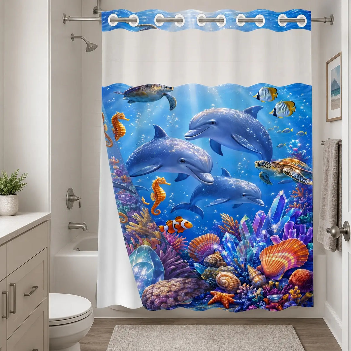 1 Pc Hookless Double Layer Shower Curtain, No Hook Shower Curtain, Underwater World Dolphin Print, Machine Washable Waterproof Mildew Resistant Fabric, Ocean Vibe Home Bathroom Decor, Removable Snap-in Liner, Bathroom Divider - 71"×74