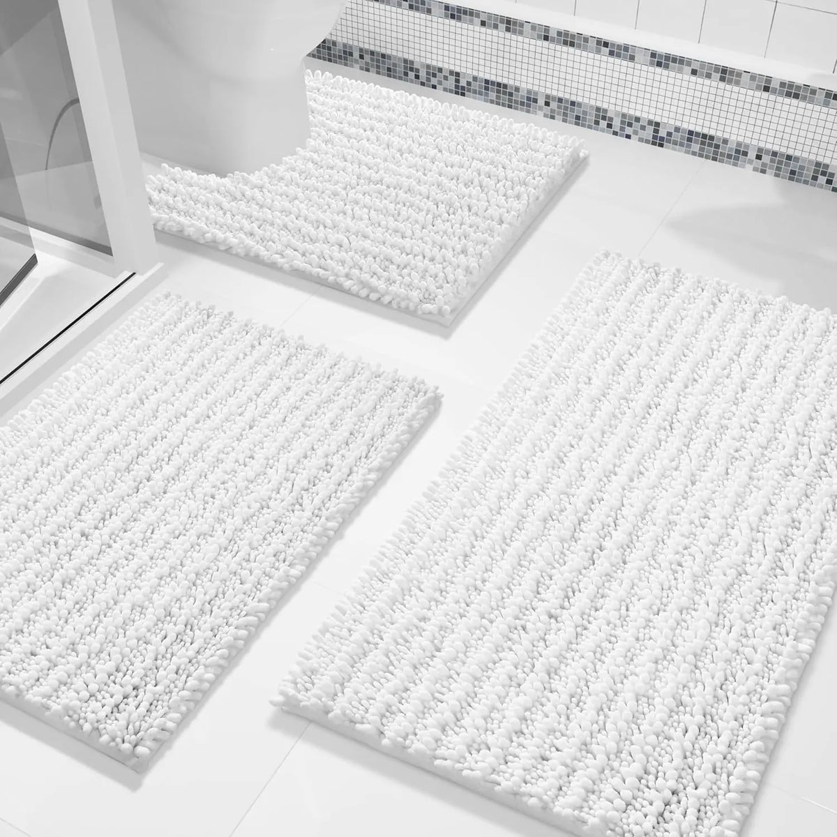 Pet Plush Chenille 3-Piece Rectangle Bathroom Floor Mat Set - 24.4"x20.4", 31.5"x19.8", 44.1"x24" Mats, Fluffy, Super Absorbent, Quick Dry, Non Slip Hot-Melt Adhesive Backing, Easy to Clean, Extra Thick Shaggy, for Toilet, Indoors, Grey (Pet Supplies)